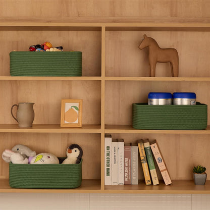 Large Shallow Organizing Baskets 15x11x5.1 Inches - Rope Woven Storage Bins for Bathroom, Shelves