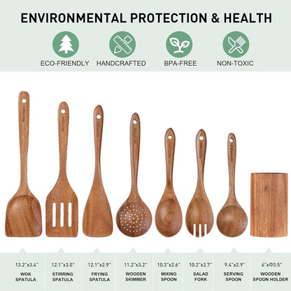 Wooden Spoons for Cooking - 8-Piece Wooden Kitchen Utensil Set made of Natural Solid Wood Material