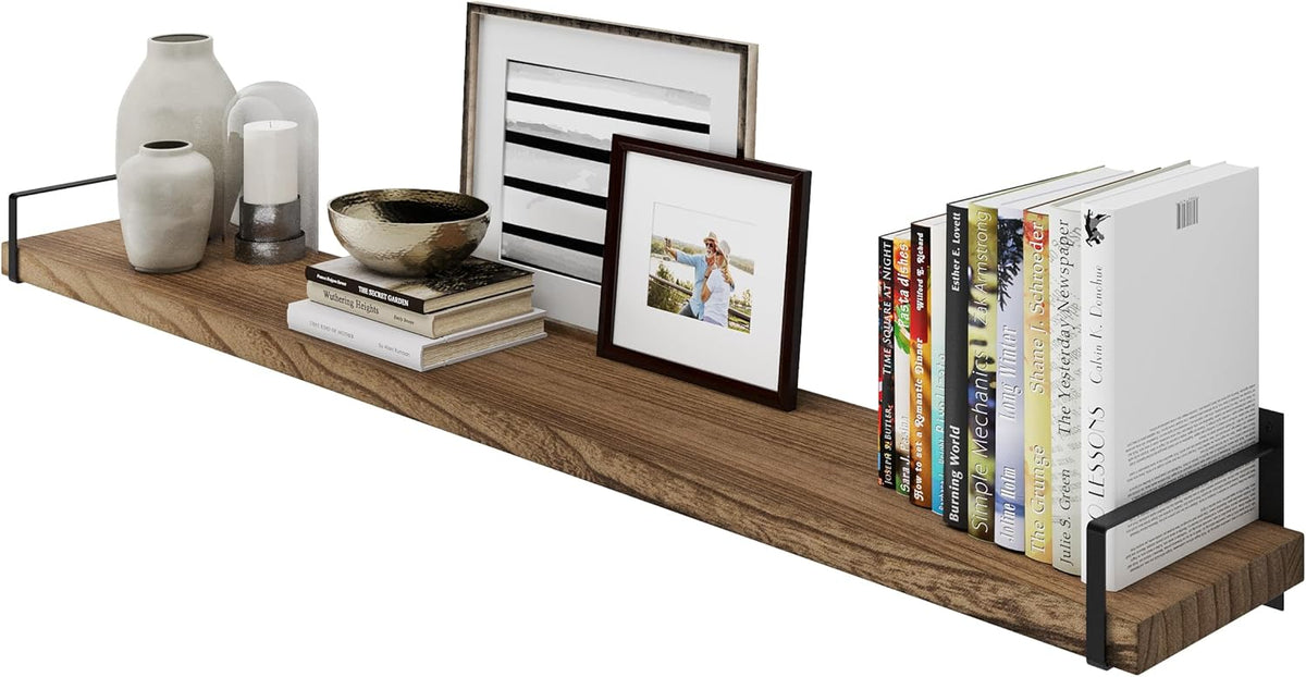 Wallniture Toledo 60 inch Floating Shelf with Heavy Duty Bookend Brackets, Wooden Shelves for Wall