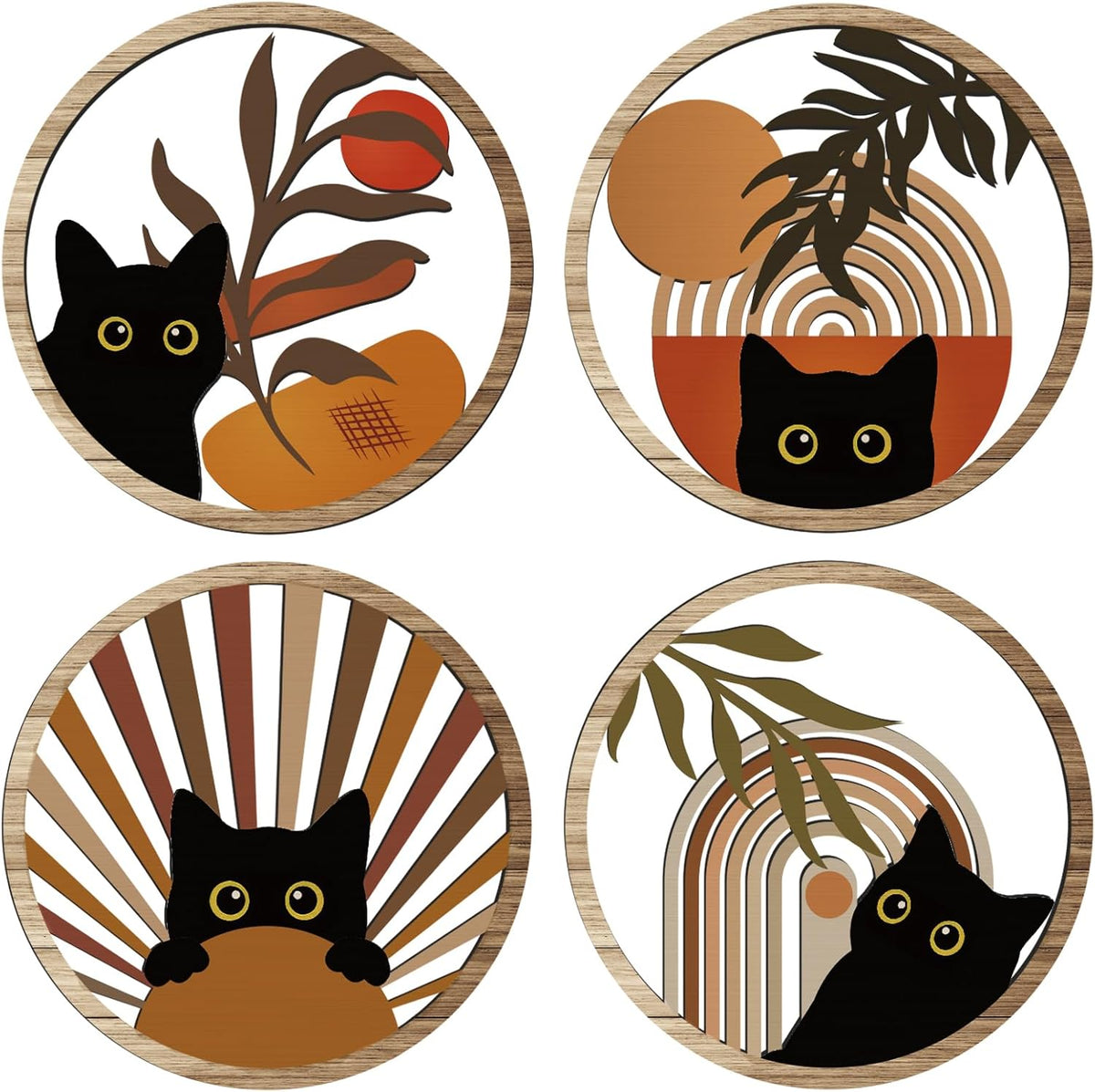 RETRART Boho Black Cat Wall Art Black Cat Room Decor Aesthetic, 4-Piece Farmhouse Geometric Wooden