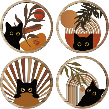 RETRART Boho Black Cat Wall Art Black Cat Room Decor Aesthetic, 4-Piece Farmhouse Geometric Wooden