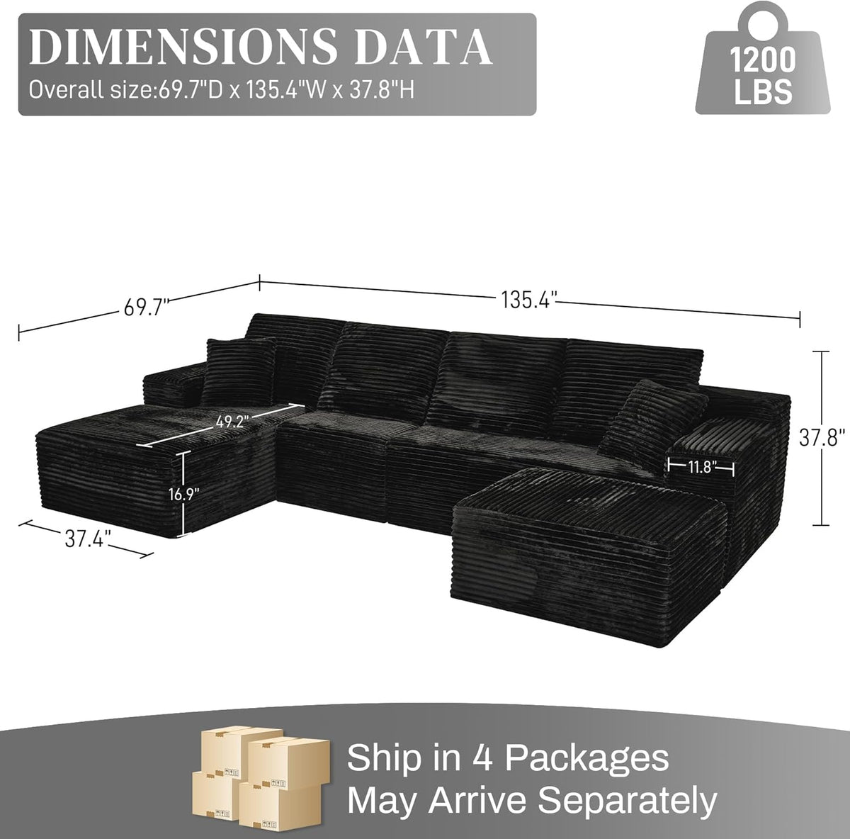 Modular Sectional Sofa Cloud Sectional Couch, 135" Comfy Fluffy U Shaped Black Couches for Living