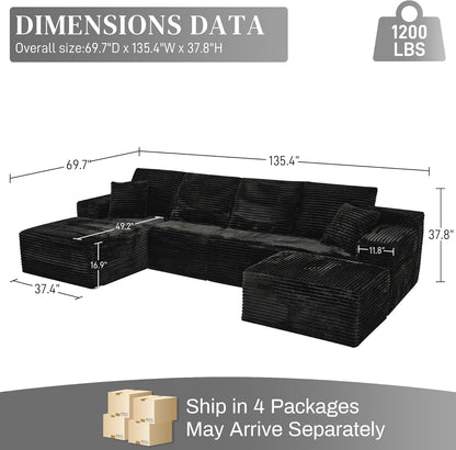 Modular Sectional Sofa Cloud Sectional Couch, 135" Comfy Fluffy U Shaped Black Couches for Living