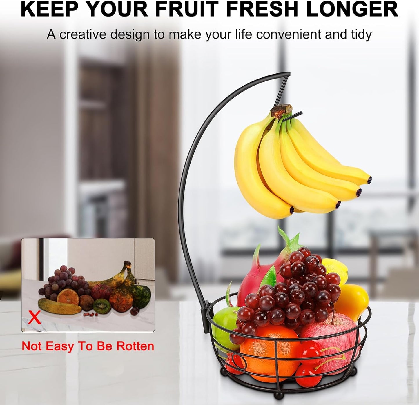 Livabber Countertop Fruit Basket Bowl with Banana Hanger, Modern Standing Fruit Vegetable Bowl