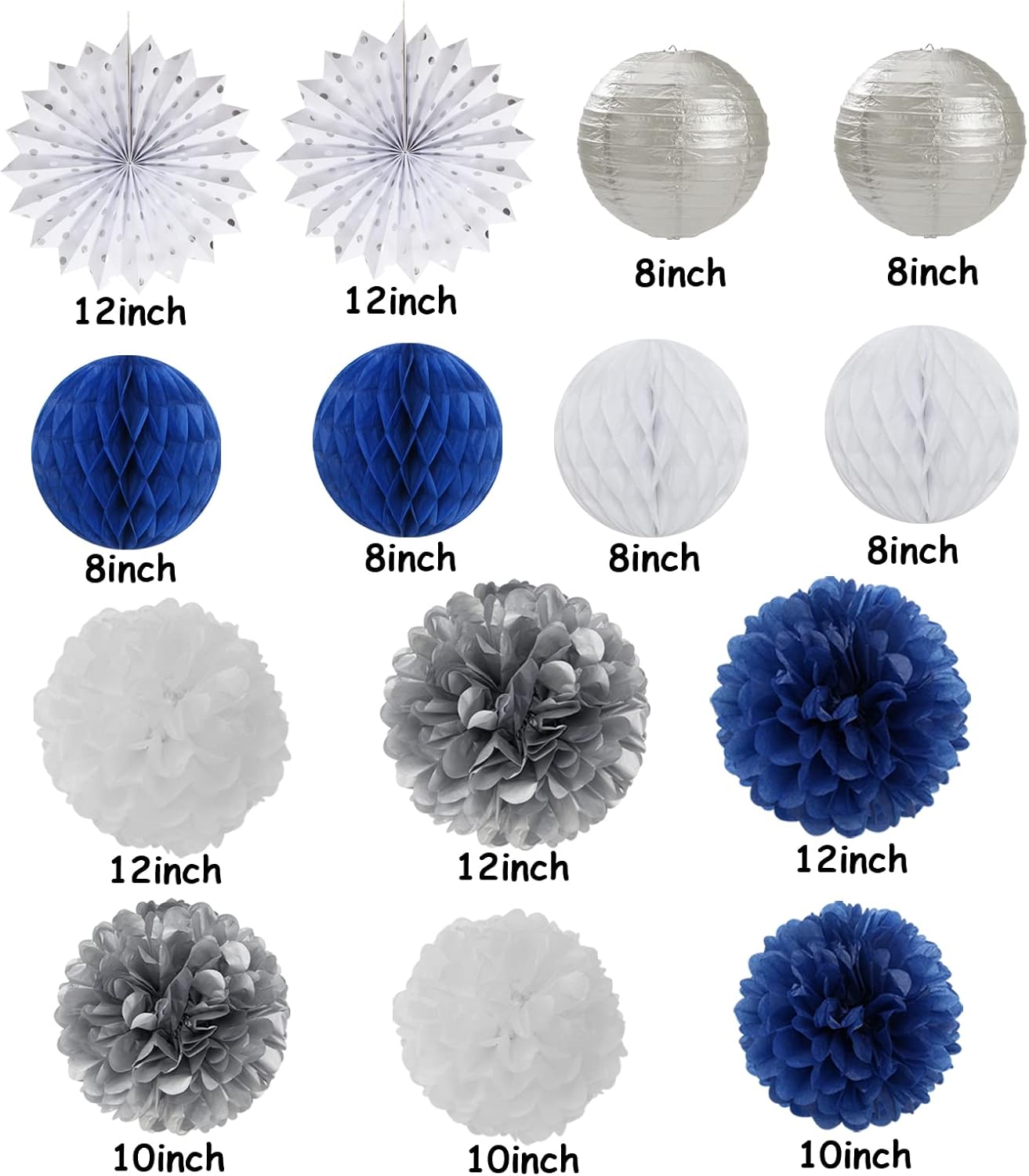 Navy-Blue White Silver Party Decorations - 14pcs Kits Paper Lanterns Fan,Tissue Flower Pom Poms