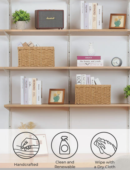 StorageWorks Round Paper Rope Storage Baskets, Rectangular Wicker Baskets with Built-in Handles