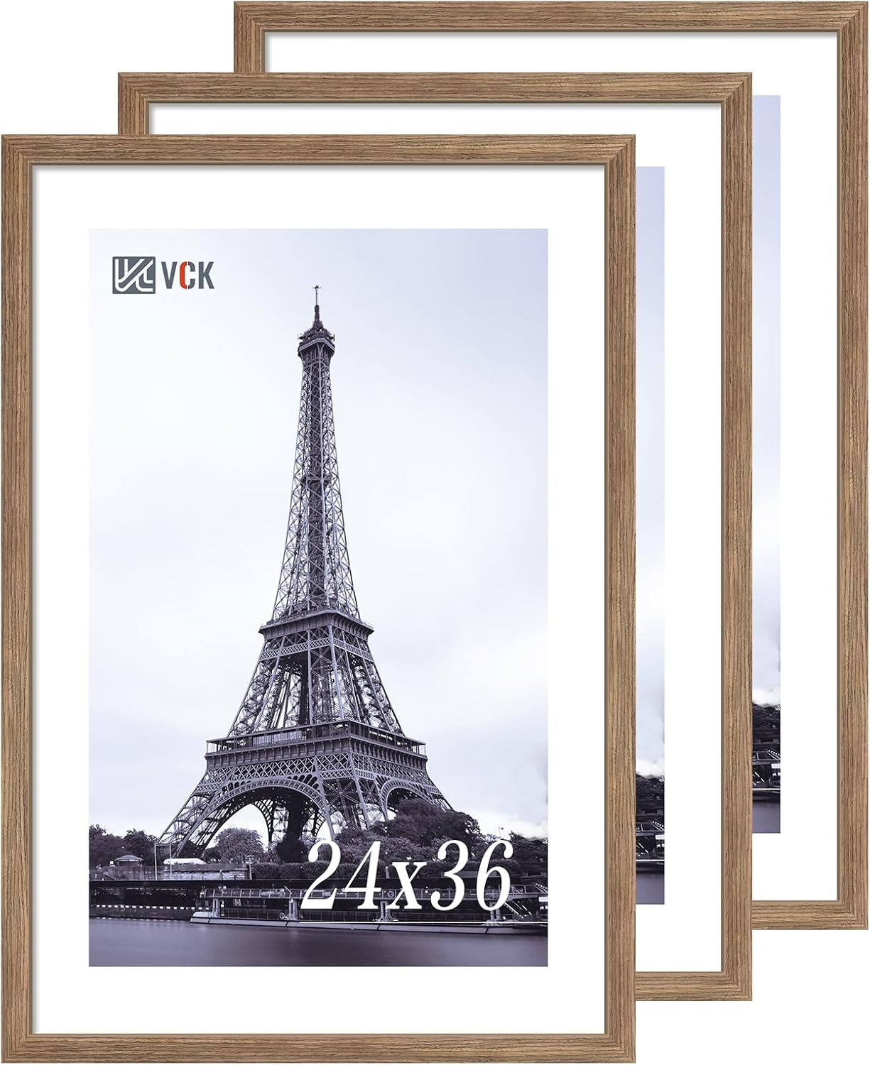 VCK 24x36 Poster Frame 3 Pack - Brown Walnut, Natural Textured Solid Wood Picture Frame, Wall