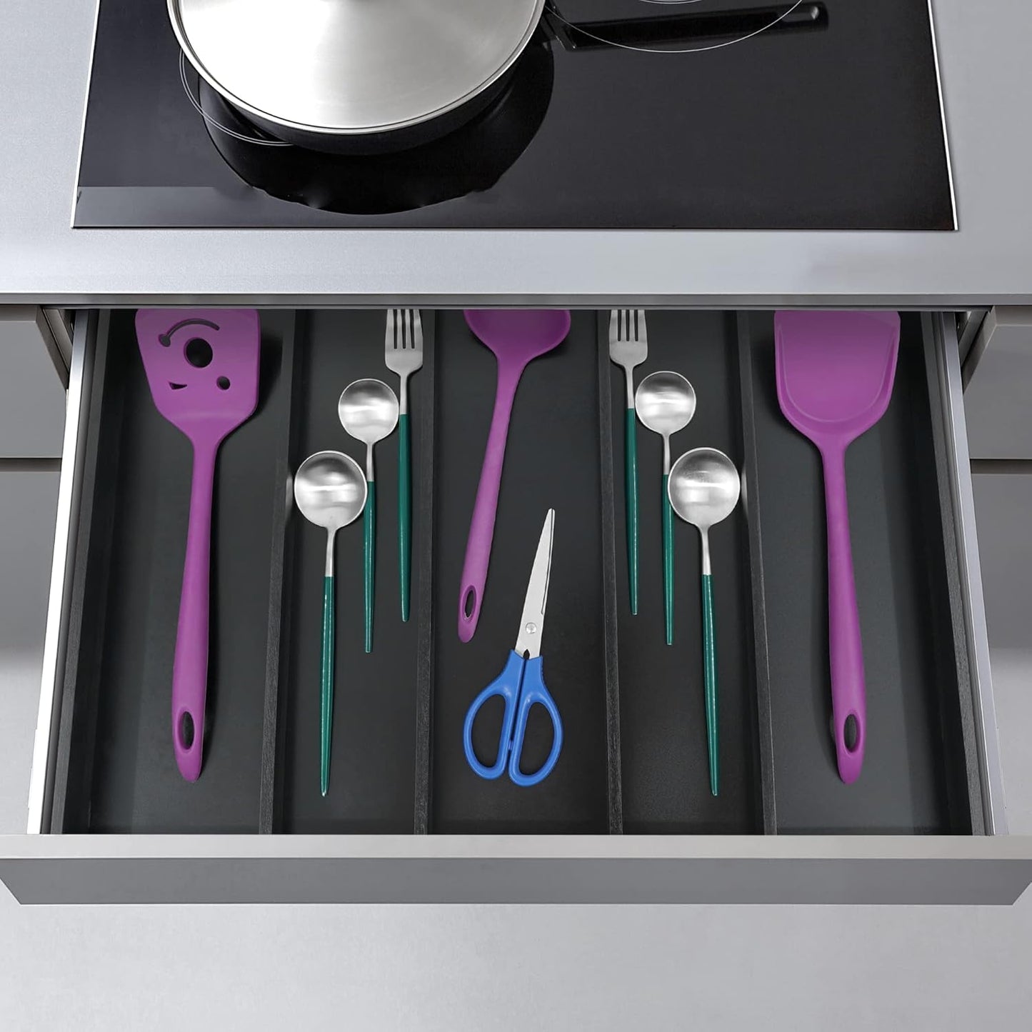 Utoplike Bamboo Drawer Organizer Kitchen Utensils, Adjustable Black Silverware Holder and Cutlery
