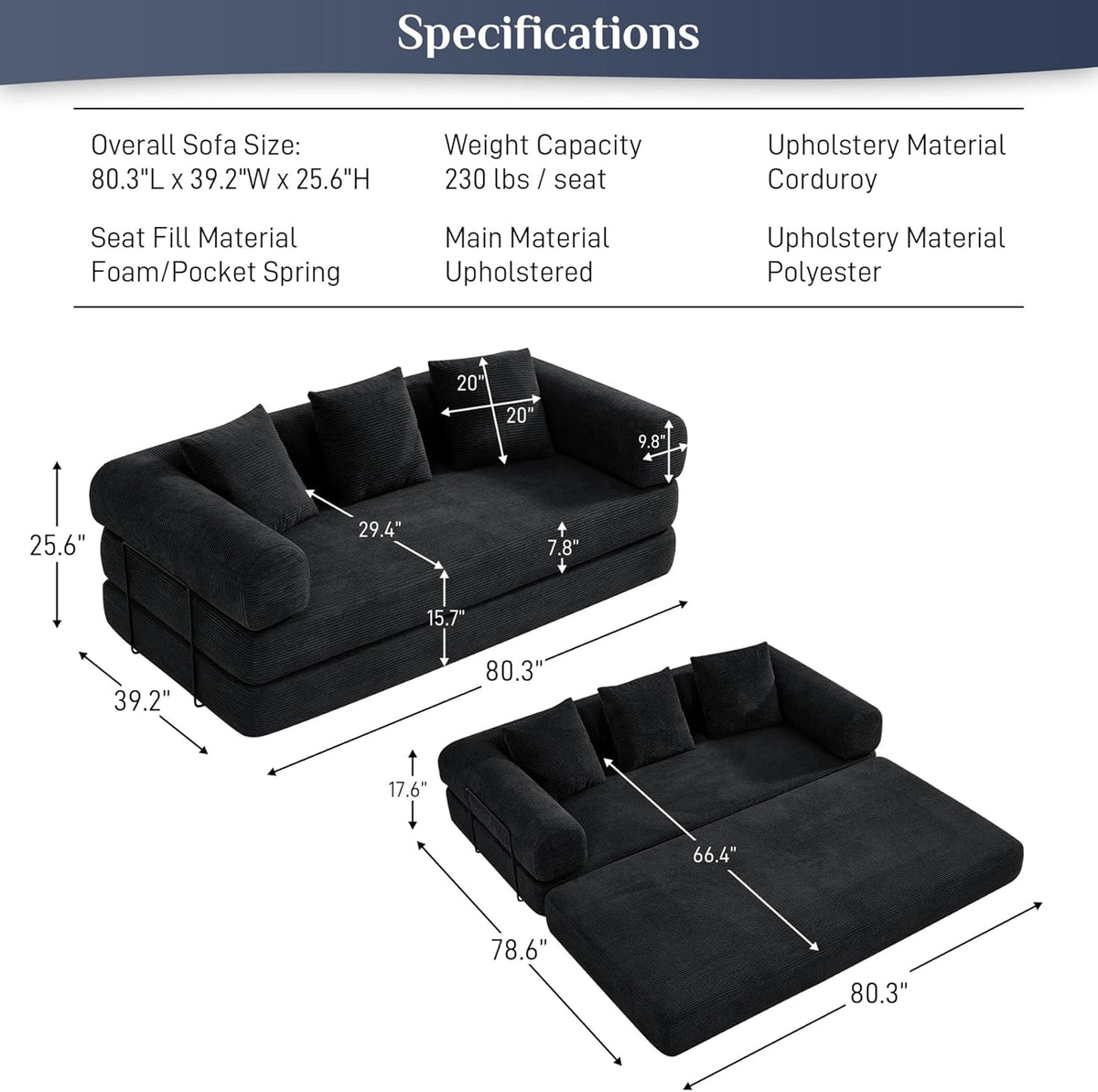 Convertible Sleeper Sofa Bed with Pillow, 4-in-1 Corduroy Folding Mattress Couch with Fixed-Shape
