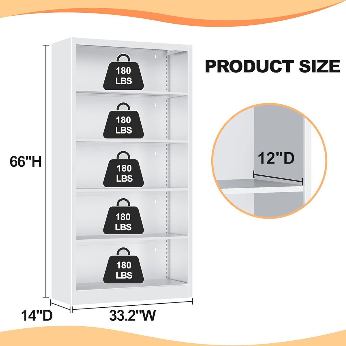 66" Tall Metal Bookcase, 5 Shelf White Bookcase with Adjustable Shelves, Large Bookshelves and