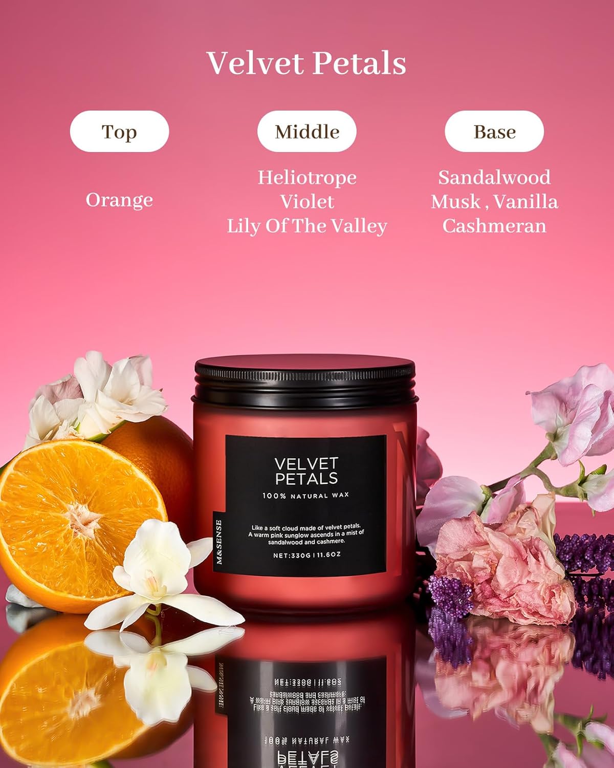 M&SENSE Velvet Petals Soy Candles for Home Scented, Organic Natural Soy Wax 11.6oz 70 Hour Long