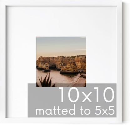 HAUS AND HUES 10x10 White Metal Picture Frame Matted to 5x5 - Features Vertical & Horizontal