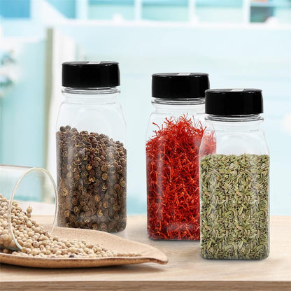 RoyalHouse - 6 Pack 14 Oz Plastic Spice Jars with Black Cap, Clear and Safe Plastic Bottle