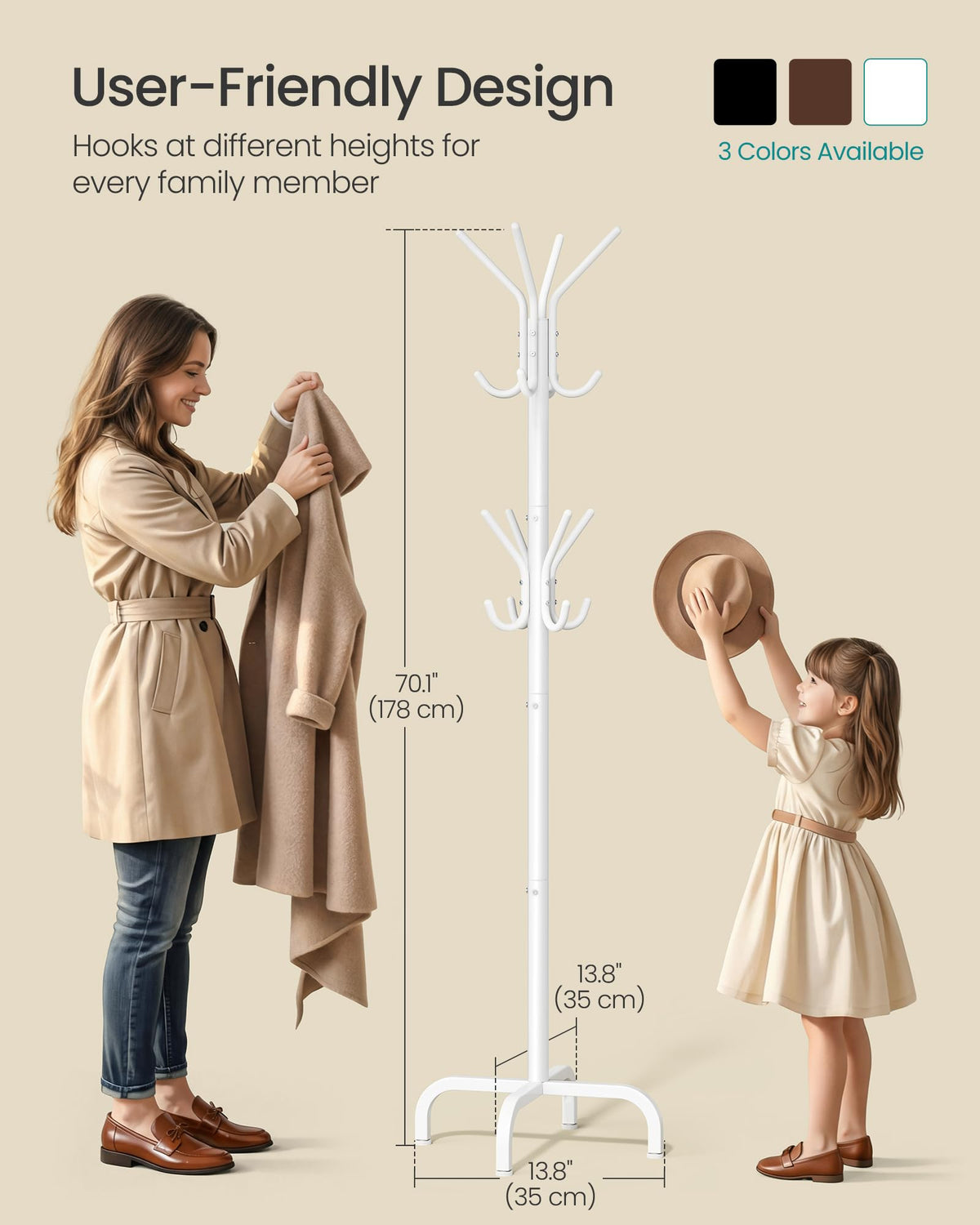 SONGMICS Coat Rack Freestanding with 16 Hooks, Metal Coat Tree Stand with 4 Adjustable Feet