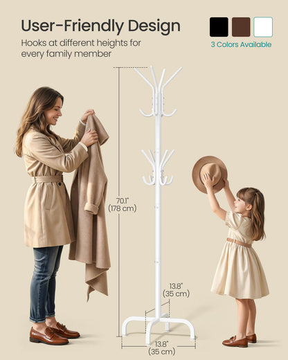 SONGMICS Coat Rack Freestanding with 16 Hooks, Metal Coat Tree Stand with 4 Adjustable Feet