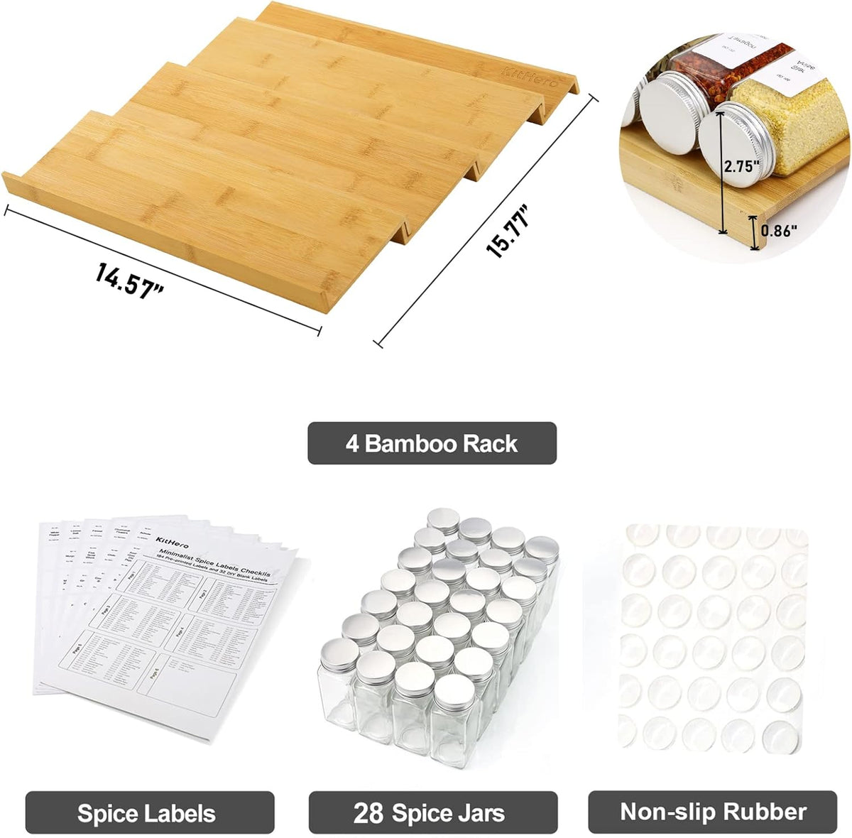 Spice Drawer Organizer with 28 Spice Jars,216 Labels,25 Non-slip Rubber, Bamboo 4 Tier Seasoning