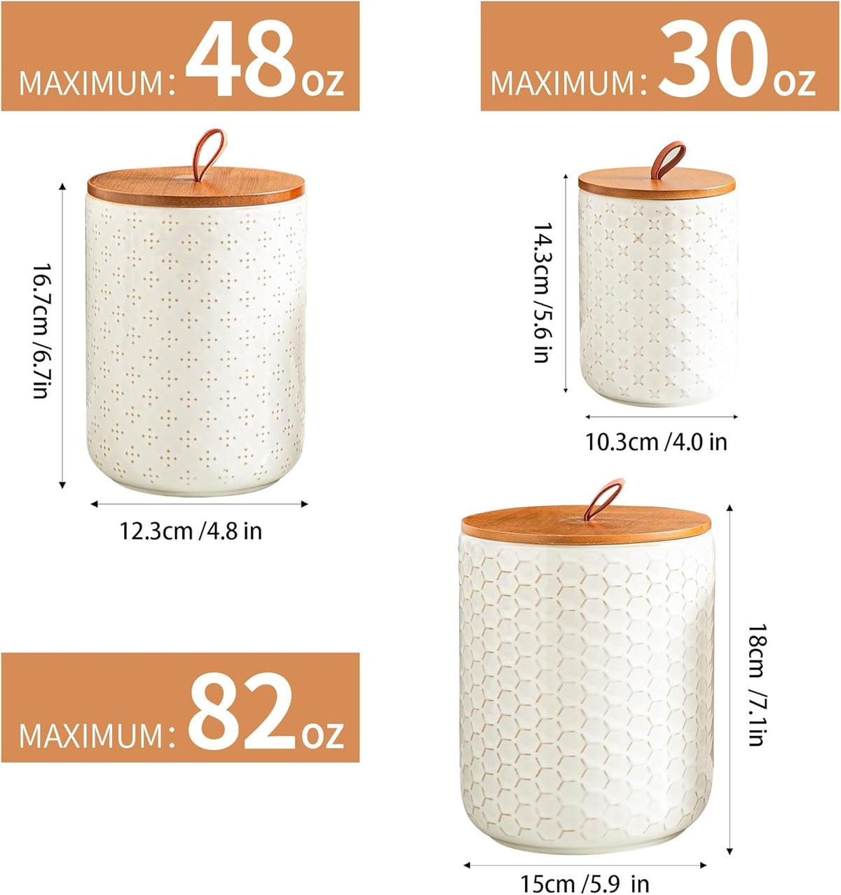JOJUNO White Ceramic Canister Set with Wooden Lids – 3-Piece Airtight Food Storage Jars for