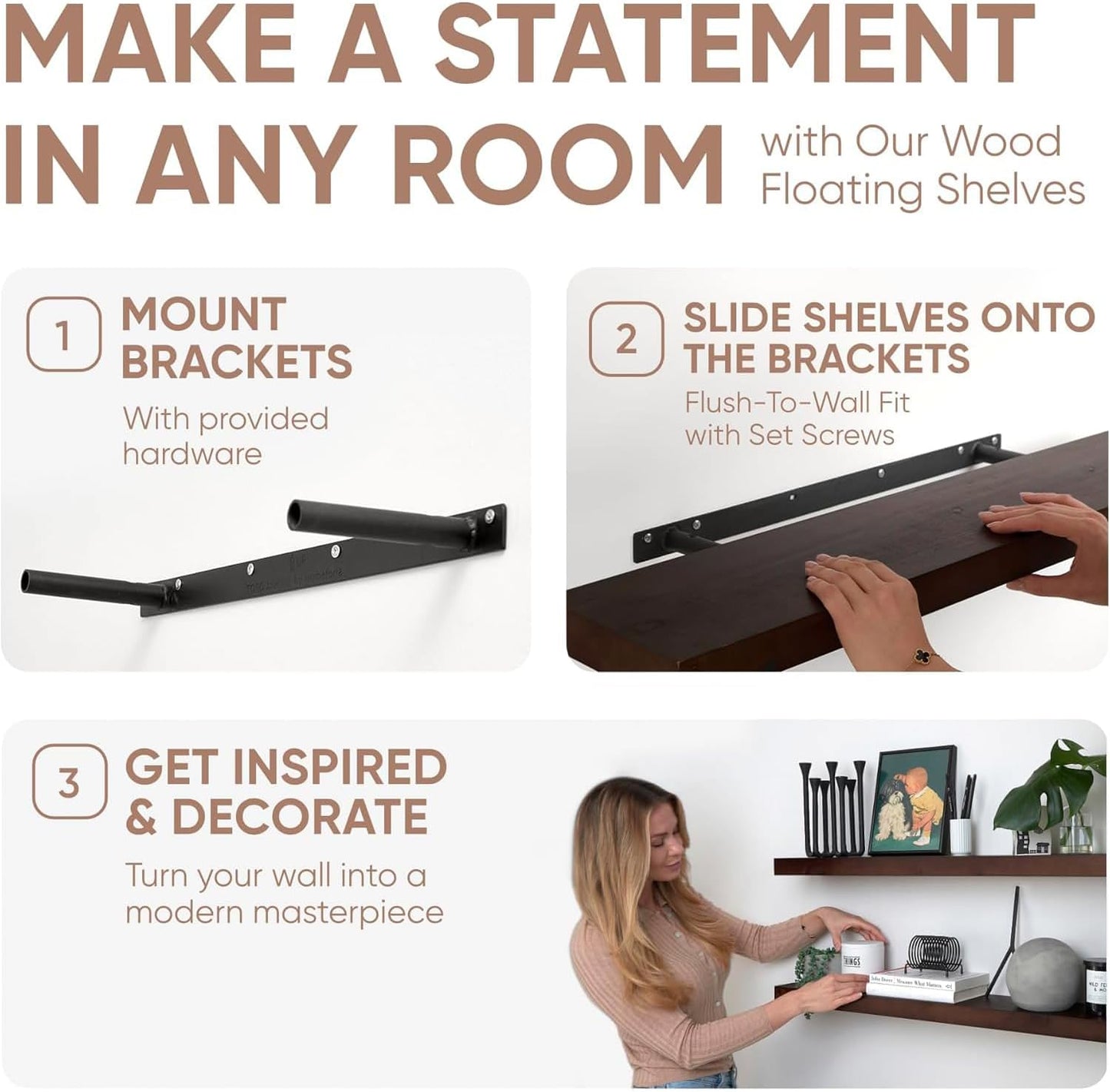 Homeforia Walnut 42 inch Floating Shelves, High End Solid Real Wood 42inch Floating Shelf for Wall