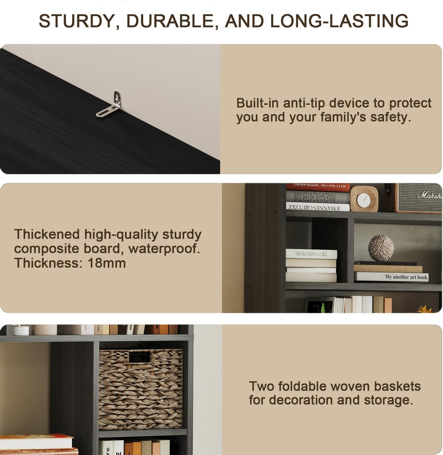 71” Tall Open Black Bookcase with Baskets, Free-Standing 6-Tier Wooden Display Storage Bookshelves