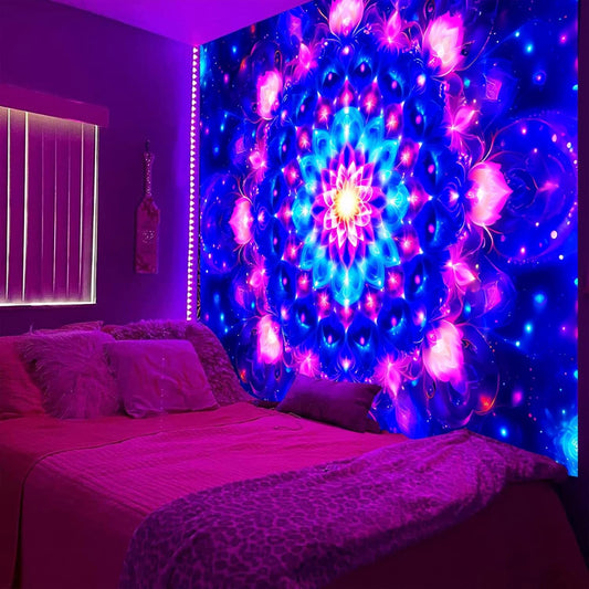 PSYHILAR Blacklight Mandala Tapestry for Bedroom, Psychedelic Black Light Posters for Adults and