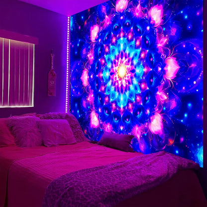 PSYHILAR Blacklight Mandala Tapestry for Bedroom, Psychedelic Black Light Posters for Adults and