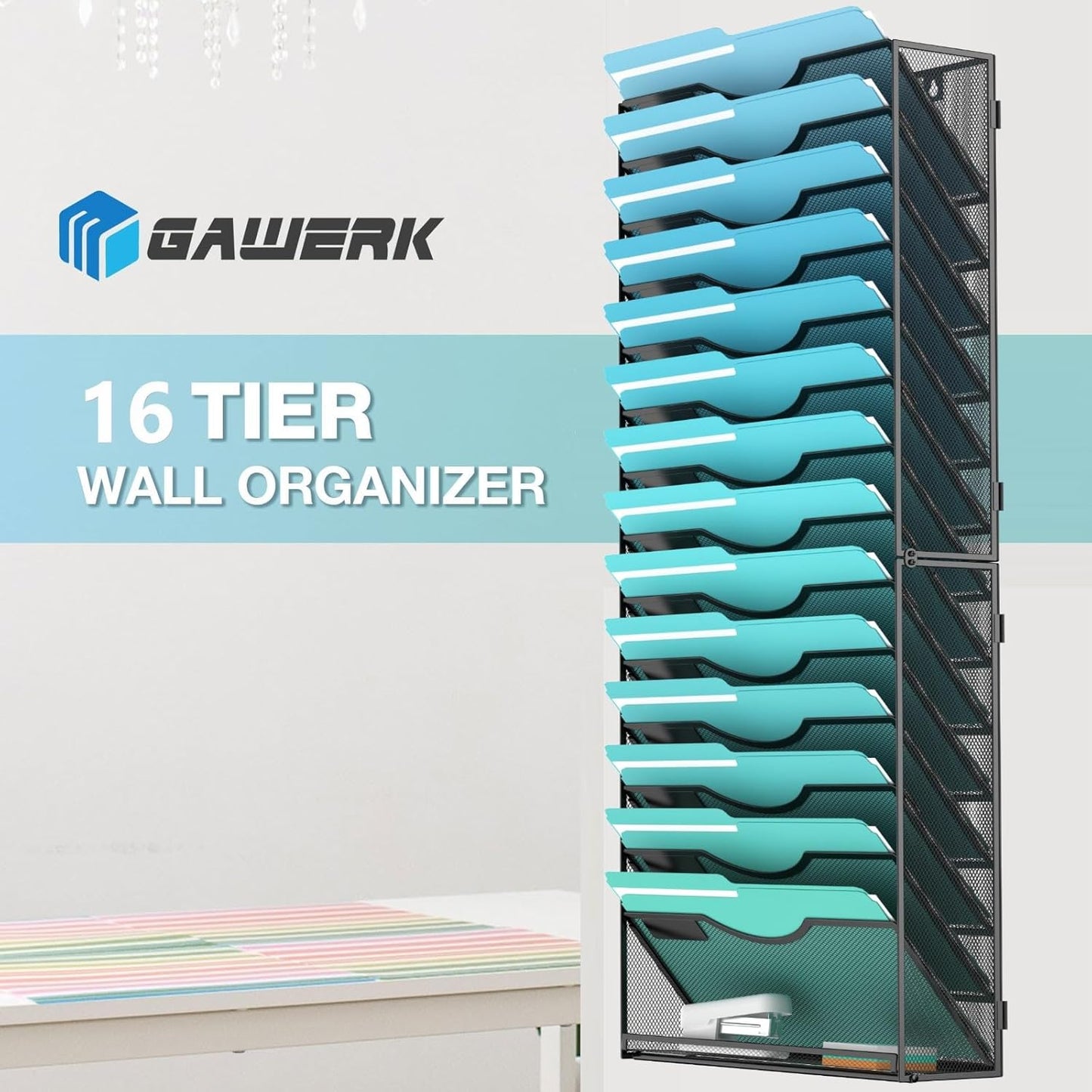 15-Tier Wall File Organizer Hanging Wall File Holder Wall Mount Paper Folder Organize, Mesh