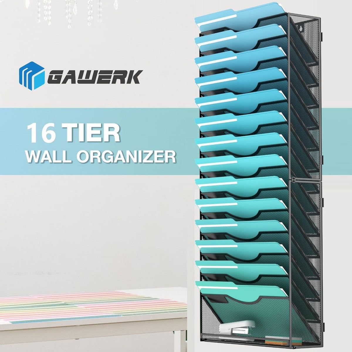 15-Tier Wall File Organizer Hanging Wall File Holder Wall Mount Paper Folder Organize, Mesh