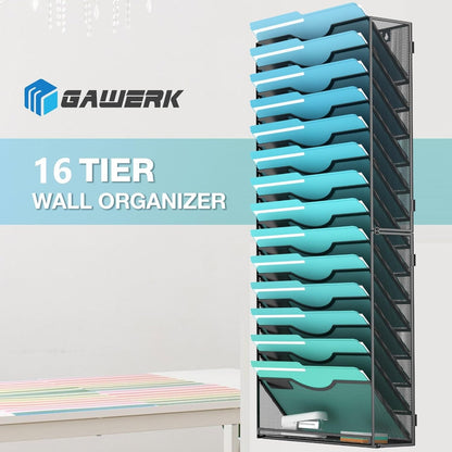 15-Tier Wall File Organizer Hanging Wall File Holder Wall Mount Paper Folder Organize, Mesh