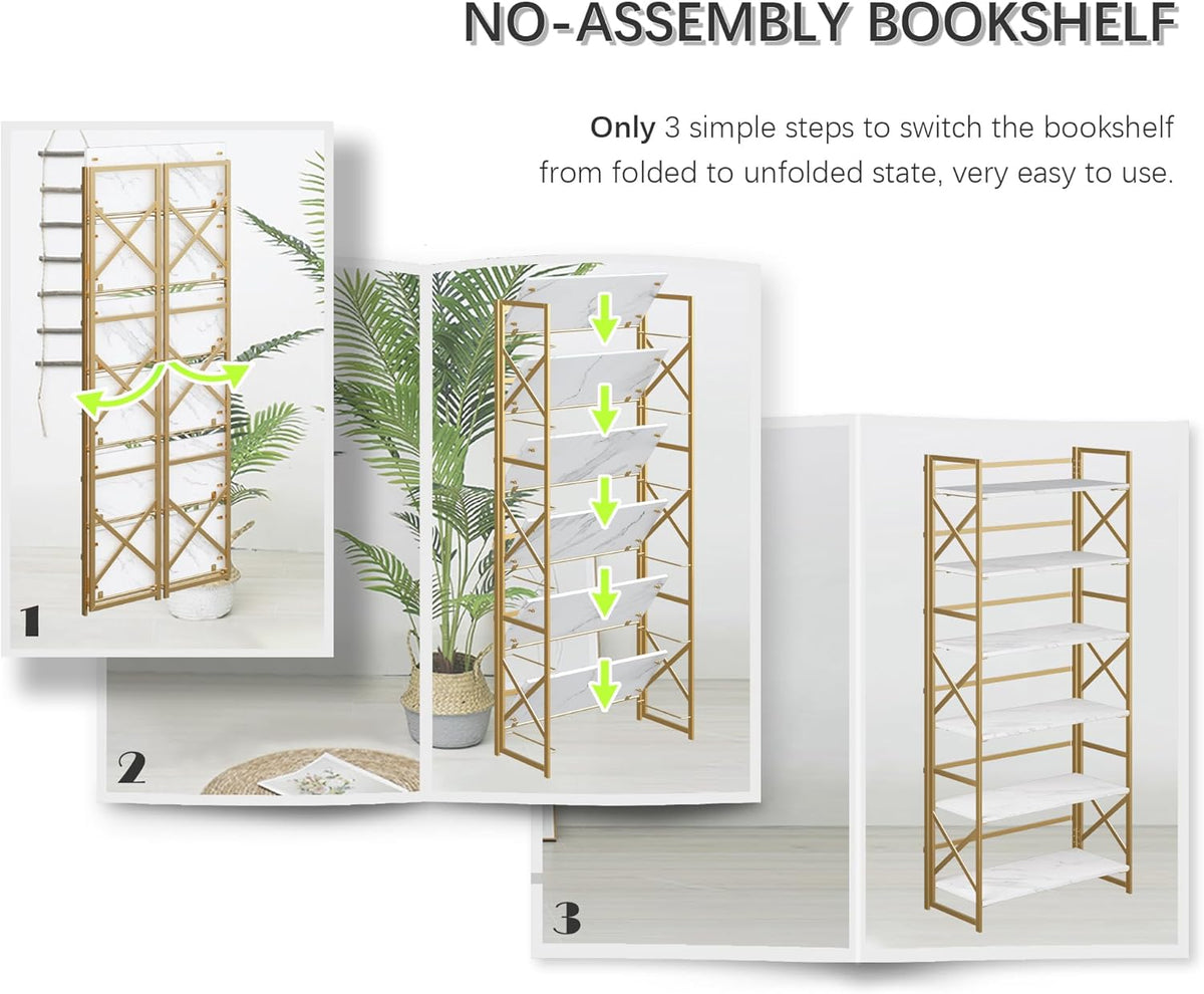 4NM 6 Tiers No Assembly Book Shelves, 61.8" H Folding Bookshelf Bookcase Open Industrial Foldable