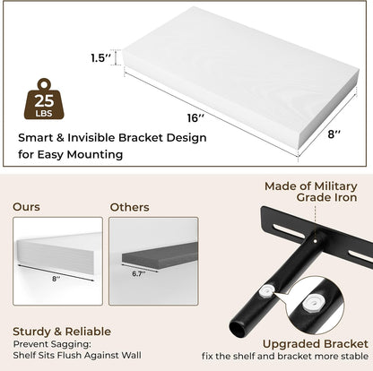 RICHFOCUS 16Inch Floating Shelves for Wall 2 Pack Shelves for Bedroom|Kitchen|Bathroom Wall Mounted