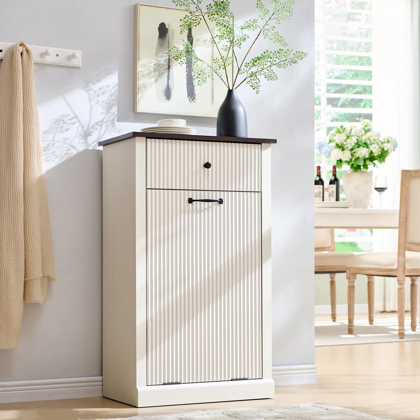 Modern Tilt-Out Trash Can Cabinet, 10 Gallon Fluted Laundry Hamper Cabinet with Drawers, Wooden