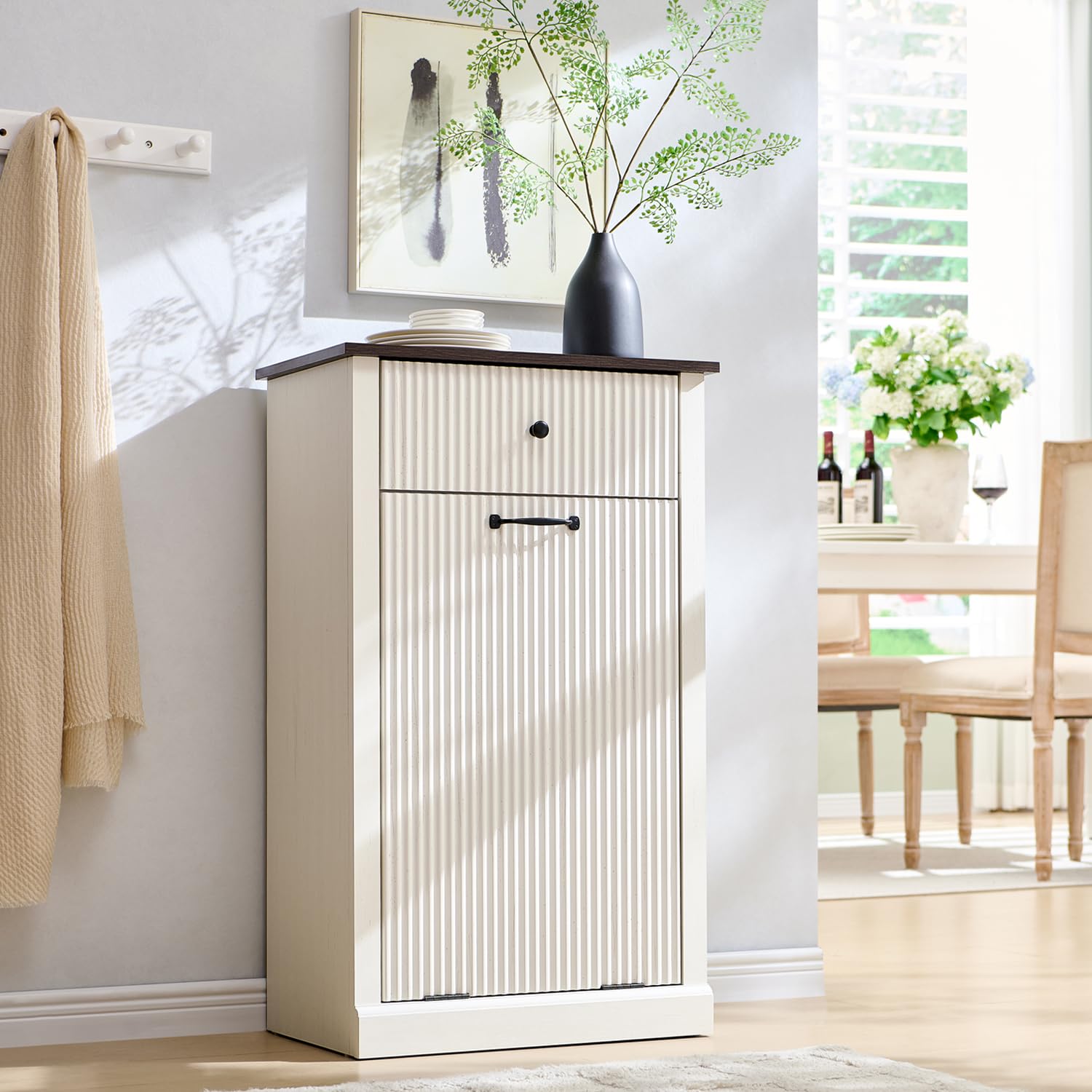 Modern Tilt-Out Trash Can Cabinet, 10 Gallon Fluted Laundry Hamper Cabinet with Drawers, Wooden