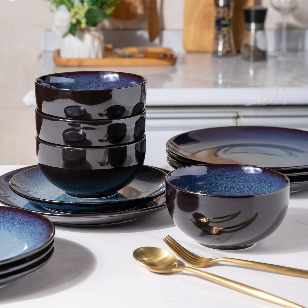 LERATIO Ceramic Dinnerware Sets for 4,Stoneware Coupe Plates and Bowls Sets,Highly Chip and Crack