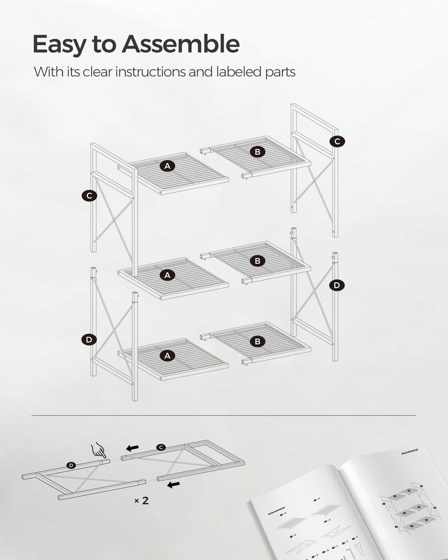 SONGMICS 3-Tier Metal Storage Rack with Wheels, Mesh Shelving Unit with X Side Frames, 23.6-Inch