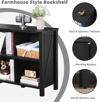 6 Cube Bookcase, Farmhouse Wood Low Storage Organizer Book Shelf, Black 47" Horizontal Console