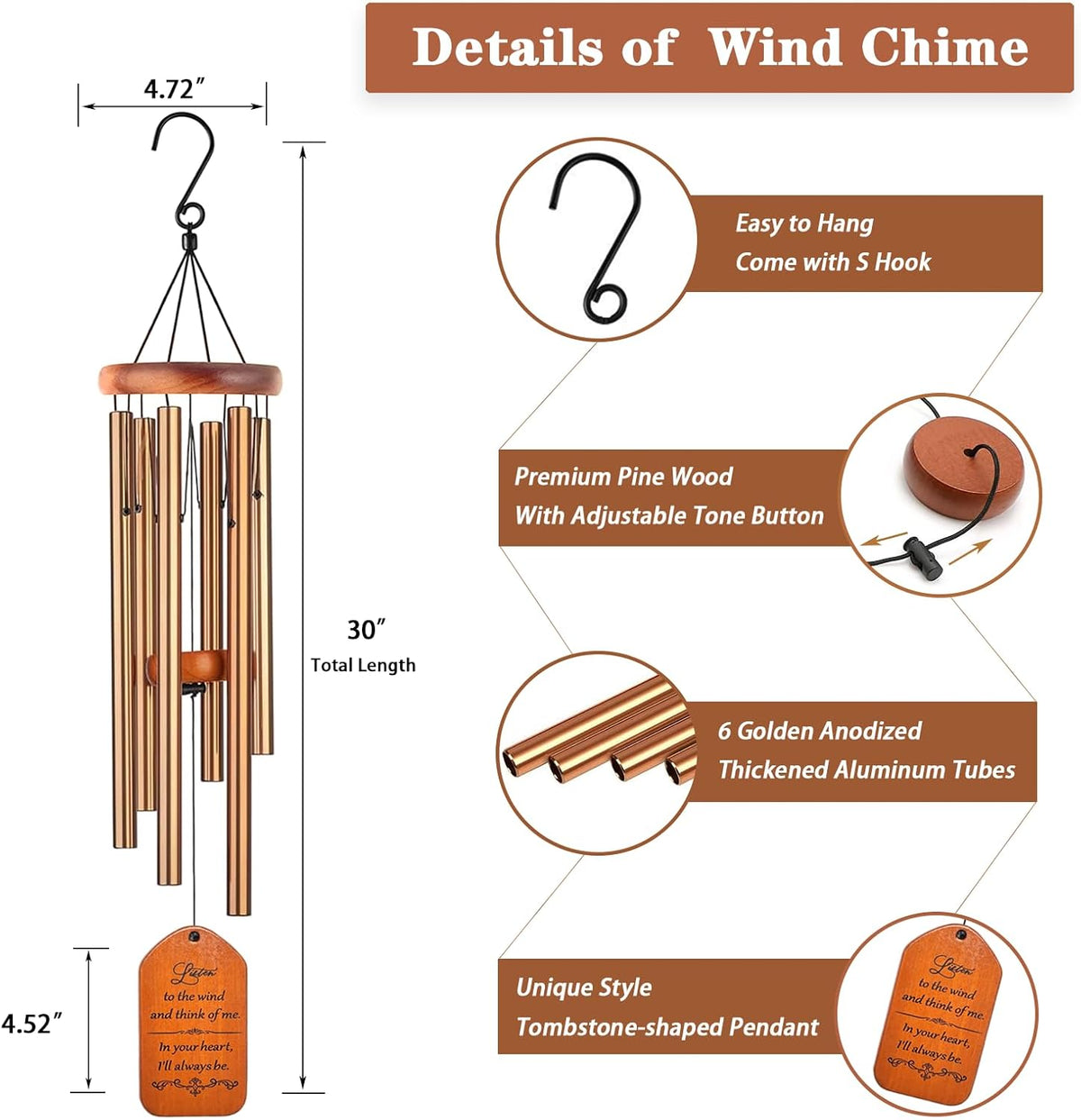 Memorial Gifts, 30" Wooden Sympathy Wind Chimes for Loss of Loved One
