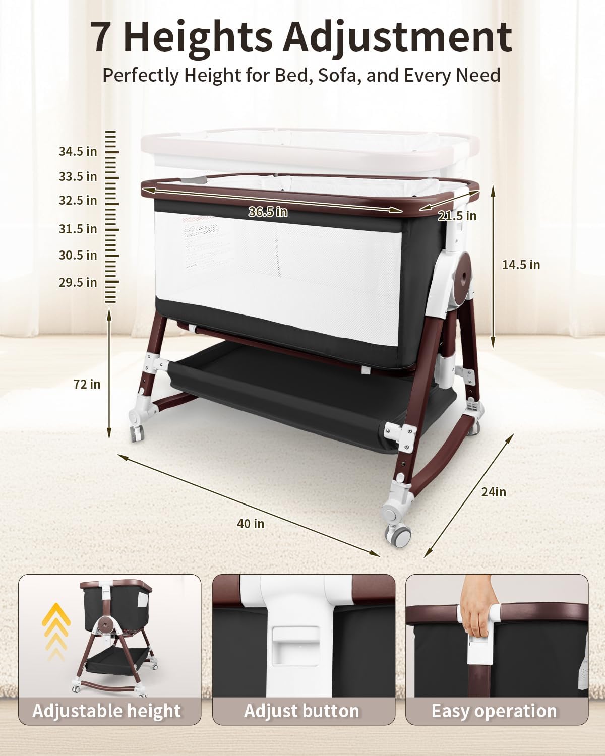 4 in 1 Baby Bassinet, Bassinets Bedside Sleeper with Wheels and Storage Basket, Adjustable 7