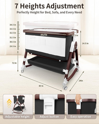 4 in 1 Baby Bassinet, Bassinets Bedside Sleeper with Wheels and Storage Basket, Adjustable 7