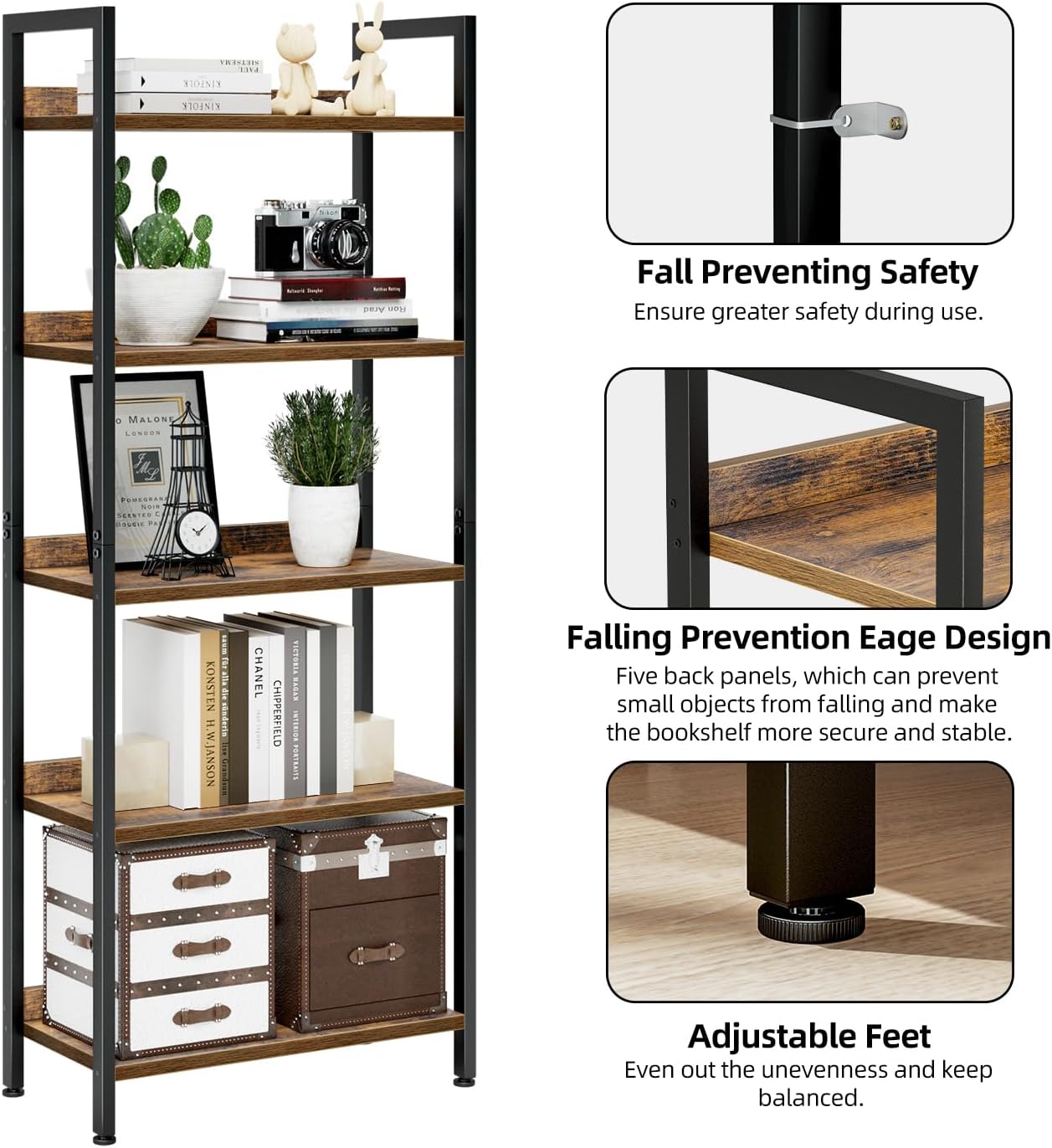 NUMENN Bookshelf, 5 Tier Bookshelves, Home Office Bookcase Shelf Storage Organizer, Free Standing