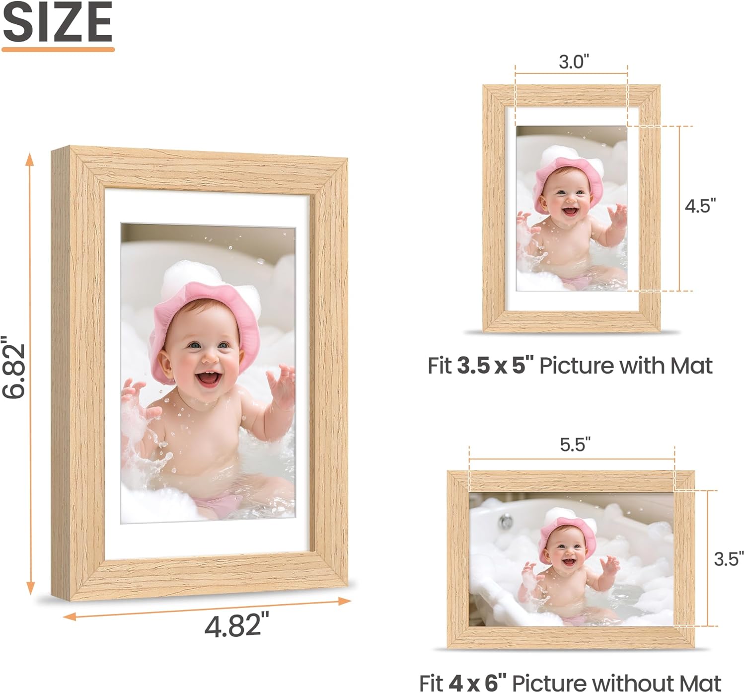 upsimples 4x6 Picture Frame, Natural Solid Wooden Picture Frames, Display 3.5x5 with Mat or 4 x 6