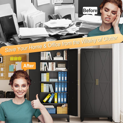 75" Tall Metal Kitchen Pantry Storage Cabinet, Freestanding Cupboard with 2 Doors and 5 Adjustable