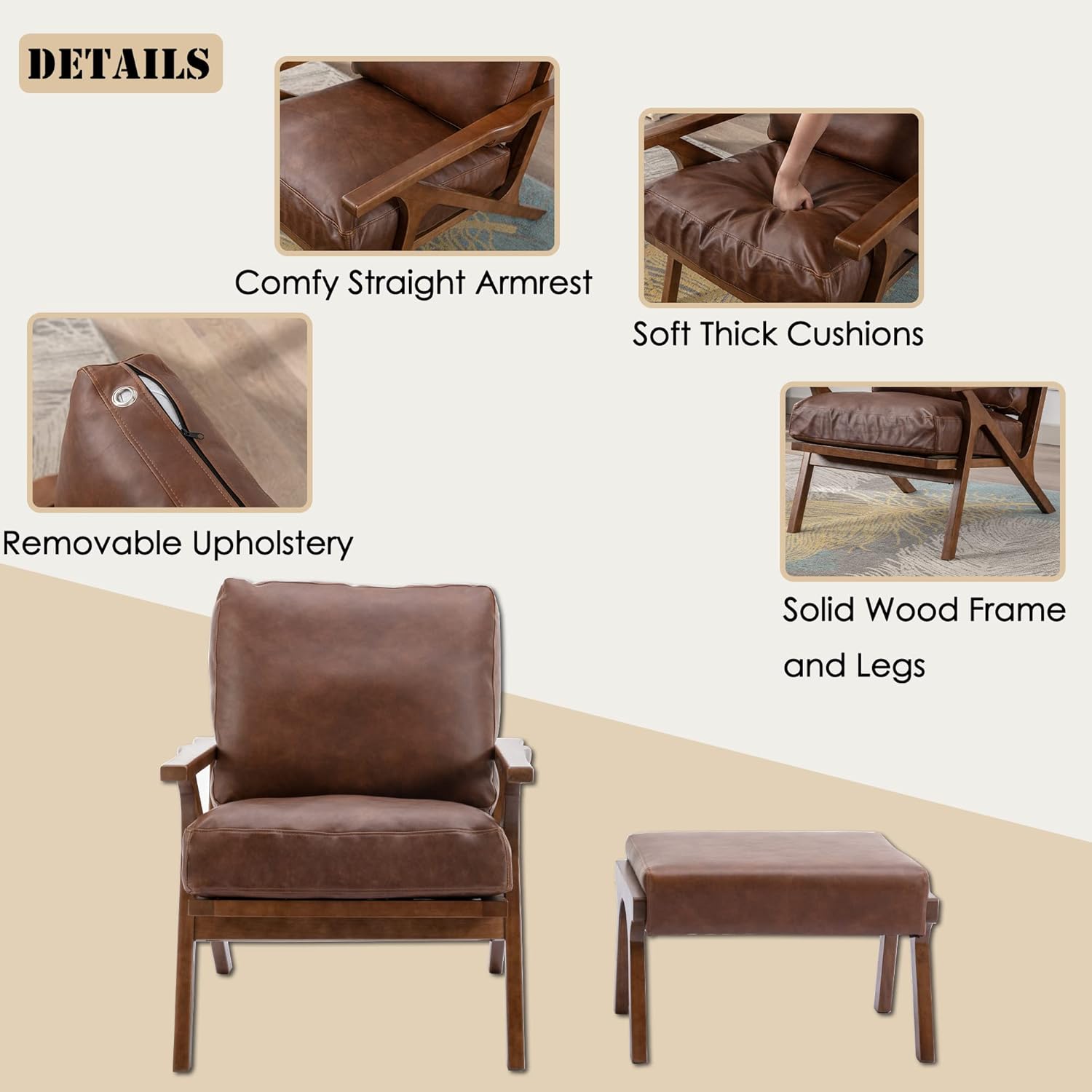 chairus 2 Sets Mid-Century Modern Accent Chairs with Ottoman, Faux Leather Armchair with Wood Legs
