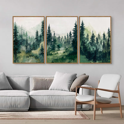 Tinonedraw Misty Forest Framed Canvas Wall Art Set, Modern Pine Trees Wall Painting, Watercolor