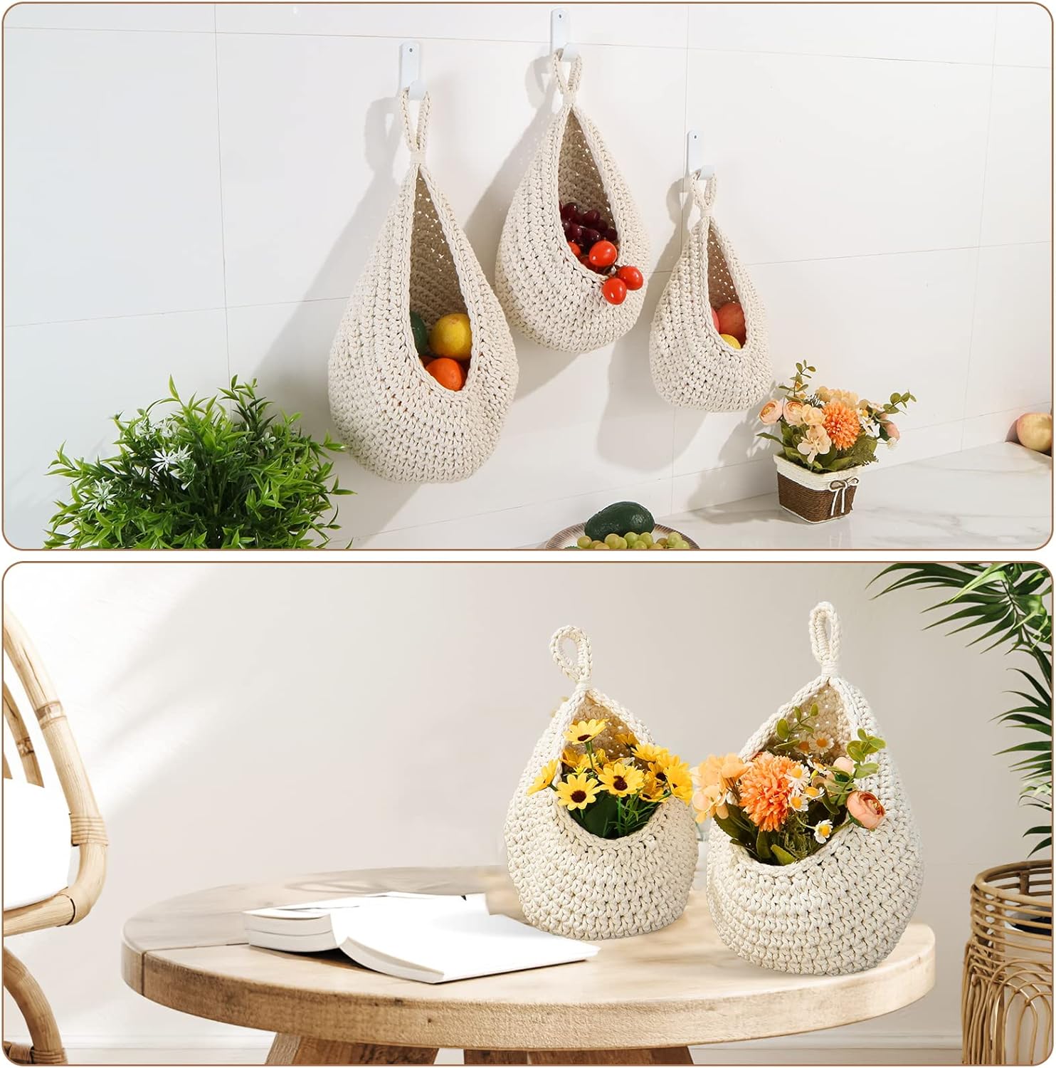 Hanging Fruit Baskets for Kitchen - 3 Pack Boho Wall Hanging Basket with 6 Pcs Strong Hooks