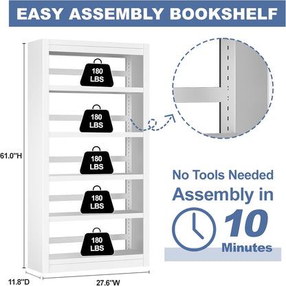 Metal Bookshelf Adjustable - 61" Tall White Bookcase, 5 Tier Book Shelf, Tooless Assembly Book