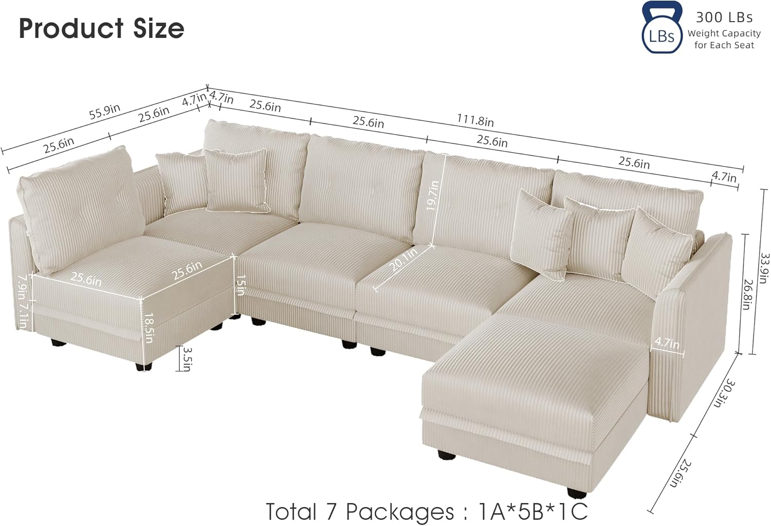 LLappuil Modular Sectional Sofa with Storage Seats, Corduroy U Shaped Convertible Couch for Living