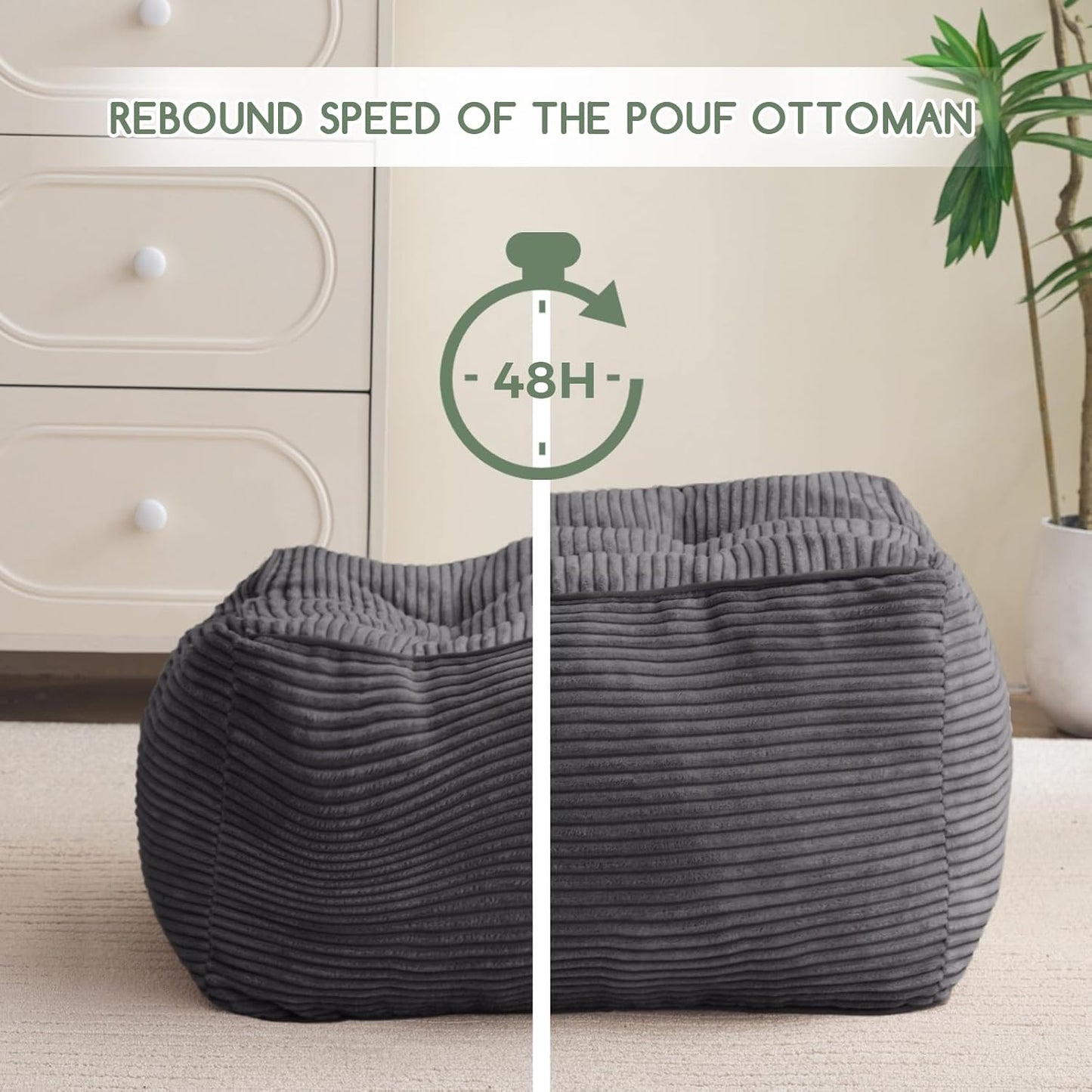 HIGOGOGO Square Stuffed Pouf Ottoman, Corduroy Poufs with Foam Chunk Filling, Furry and Fluffy Pouf