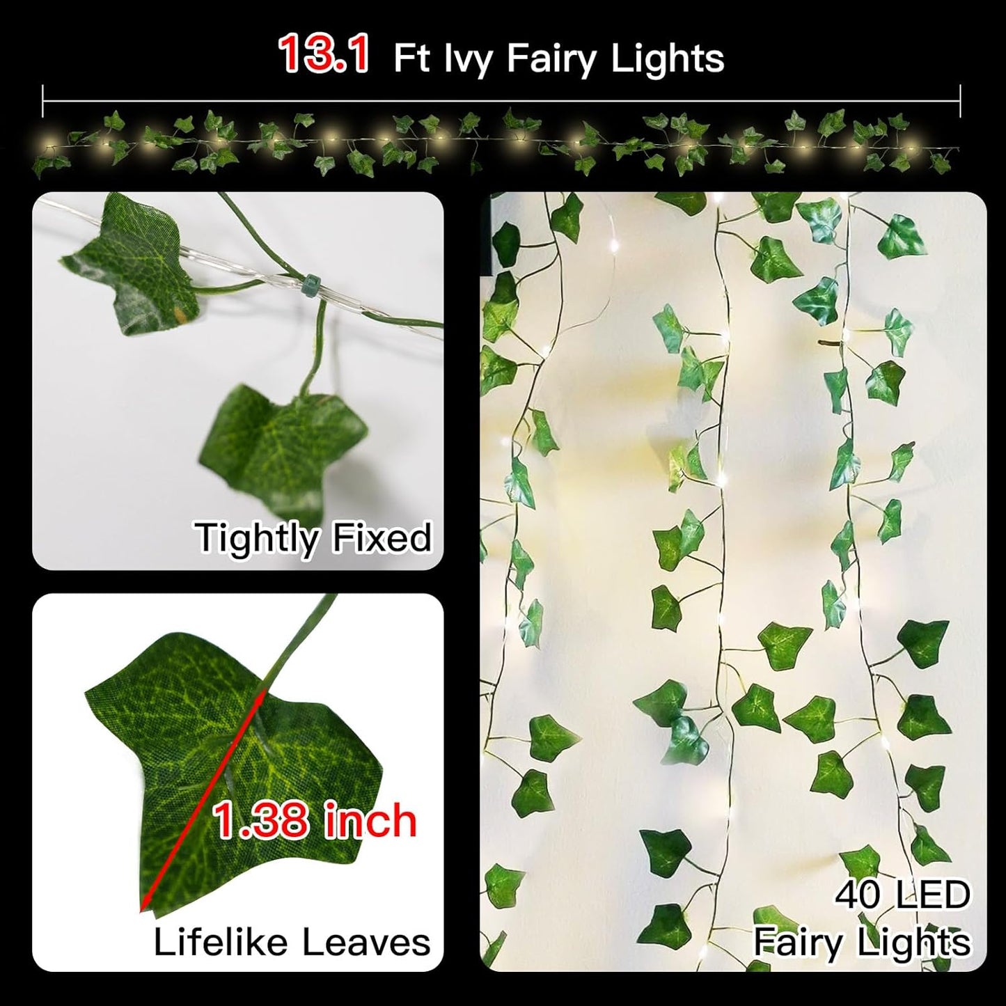 suddus Vine with Fairy Lights Battery Operated, 13.1ft 40 LED Ivy String Light with Remote, Leaf