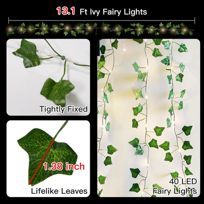 suddus Vine with Fairy Lights Battery Operated, 13.1ft 40 LED Ivy String Light with Remote, Leaf