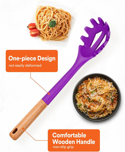 Silicone Pasta Fork, Kitchen Heat Resistant Noodle Spoon Server, BPA Free Spaghetti Strainer,12.8